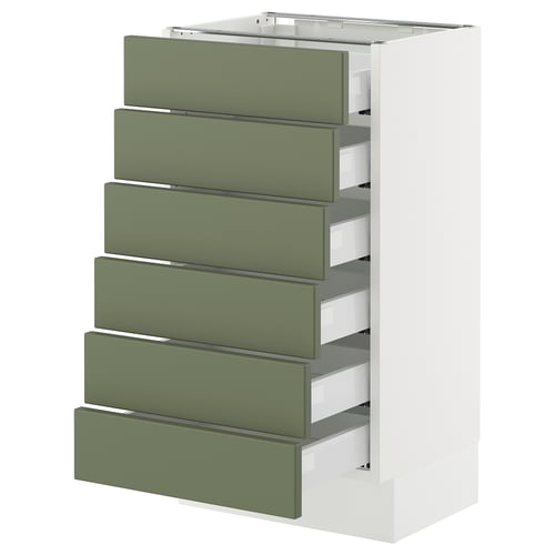 A white SEKTION kitchen cabinet with six green-gray axstad drawers. The modern design smooth, full-extension drawers with a sleek, minimalist look.