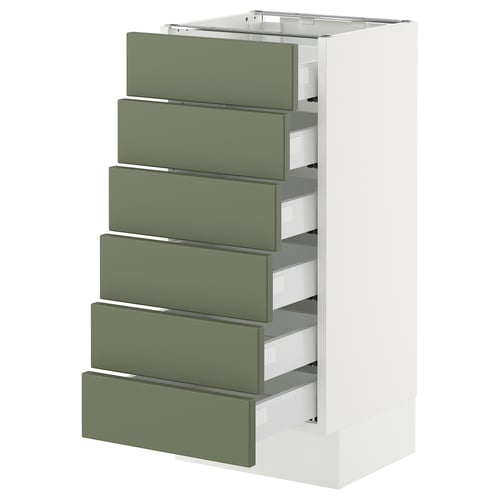 Modern grey-green kitchen cabinet with six drawers.