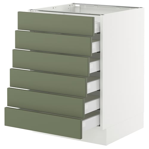 Ikea SEKTION kitchen drawer unit, grey-green, five drawers, white cabinet.