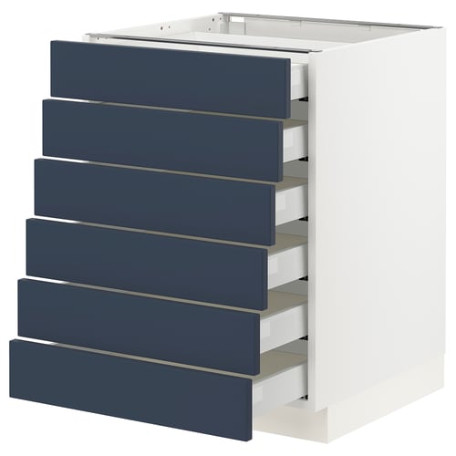 A SEKTION kitchen cabinet with blue drawers. White, rectangular, six blue drawers, modern, functional.