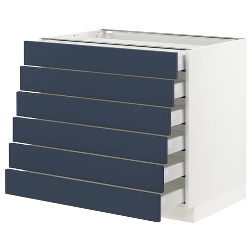 Blue kitchen drawers, white frame, deep blue fronts, smooth soft-close drawers, modern style.