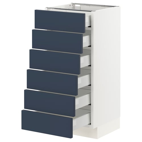 Modern blue kitchen unit with six drawers, white frame, sleek design.