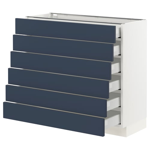 SEKTION kitchen unit. Blue drawers, white frame. Modern, rectangular design.
