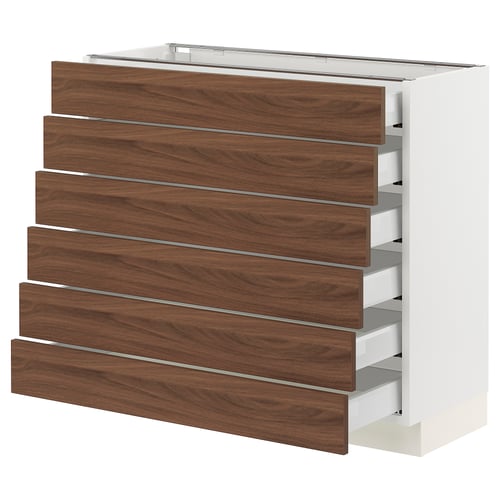 SEKTION kitchen storage unit. White base, six walnut drawers. Full-extension drawers with dampers for smooth, quiet close.
