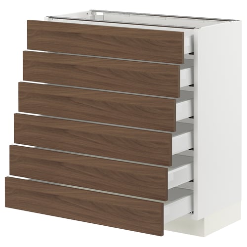 A SEKTION kitchen cabinet with walnut-colored drawers and white frame, designed with a modern and classic style.