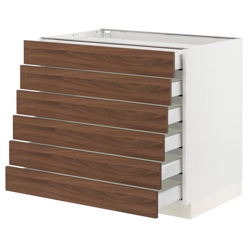 SEKTION kitchen unit with 6 dark wood drawers, white base, smooth finish.