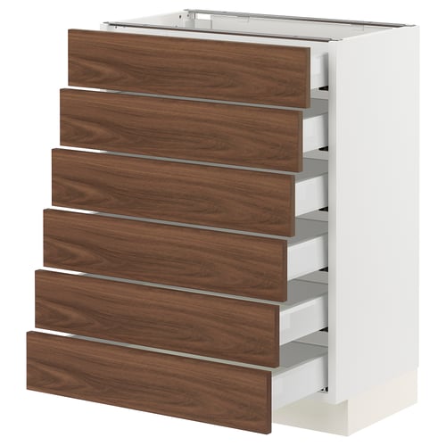 SEKTION kitchen unit, white, 6 walnut drawers, wood grain, full-extension.