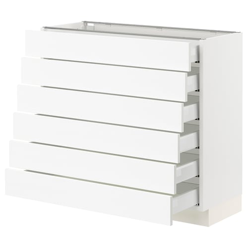 Ikea SEKTION white kitchen cabinet with six drawers.