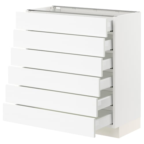 A white SEKTION kitchen cabinet with multiple drawers. The cabinet a sleek, modern design with a white finish and smooth drawer fronts.