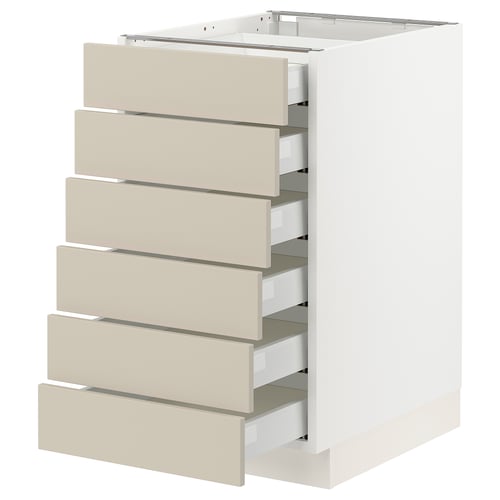 SEKTION kitchen cabinet in beige with five drawers, streamlined design, white frame, durable construction.