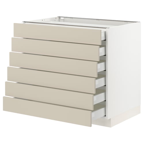 Beige SEKTION kitchen unit: 6 drawers, white & beige, modern clean look.