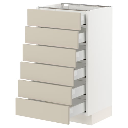 A white SEKTION kitchen cabinet with six beige drawers, featuring a sleek and modern design.
