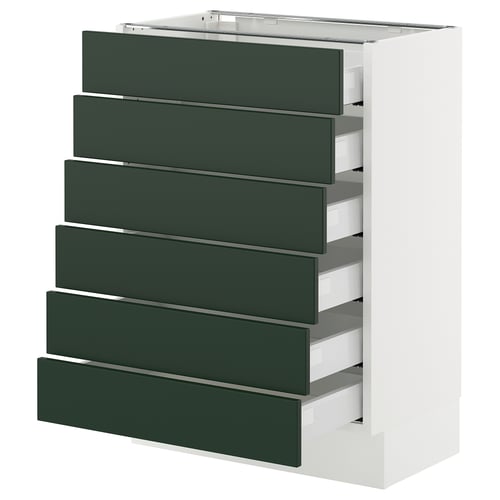 Modern green kitchen cabinet with seven drawers, sleek design, white frame, three rows of drawers.