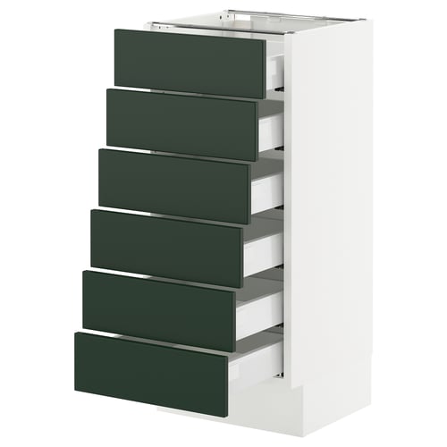 A white cabinet with six green drawers titled SEKTION. It durable construction and modern design.