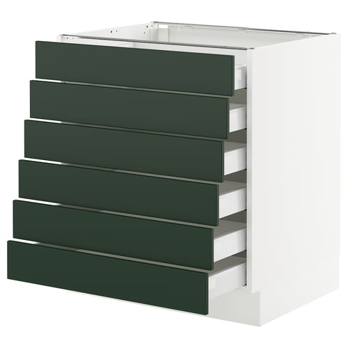 A white SEKTION kitchen cabinet with six green drawers in a sleek, modern design.