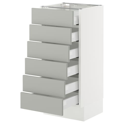 A white SEKTION kitchen cabinet with six grey drawers. It has a modern, clean design with full-extension drawers.