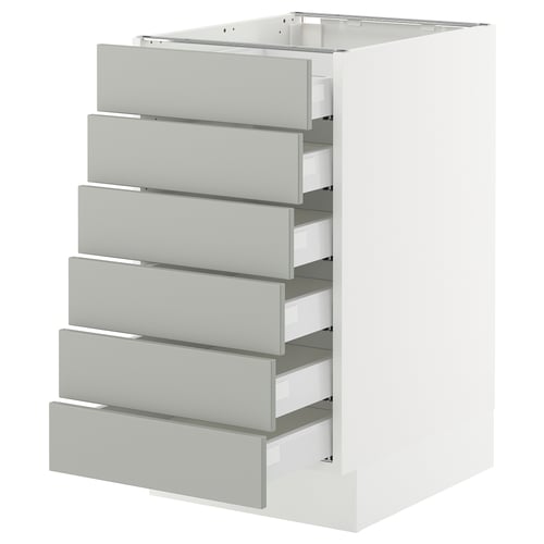 An ikea SEKTION kitchen base cabinet with six light grey drawers. It has a modern, minimalist design with smooth-running drawers.