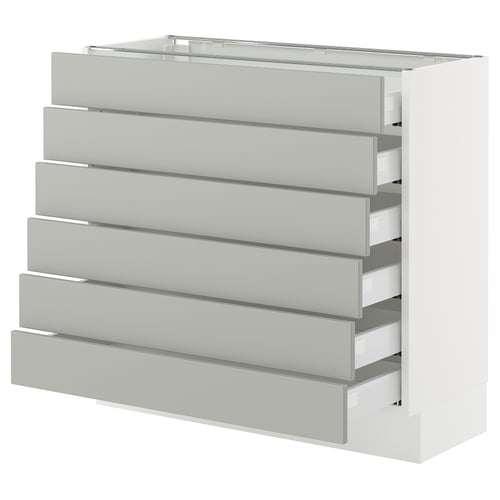 Modern kitchen storage with six grey drawers, sleek design, durable steel & particleboard construction, full-extension smooth drawers.