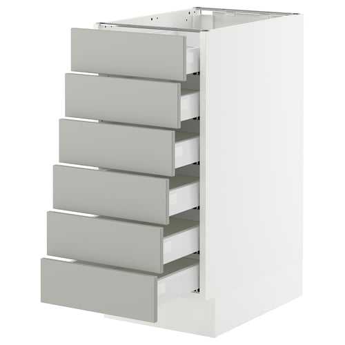 White SEKTION kitchen cabinet with six grey drawers, modern and minimalist.