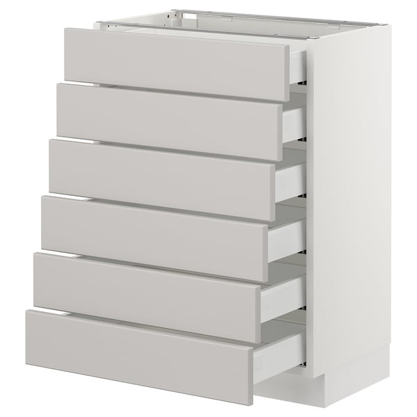 White SEKTION kitchen cabinet with six light grey drawers.