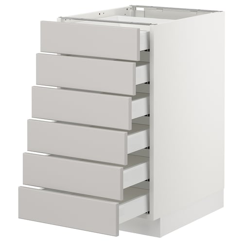 A white SEKTION kitchen cabinet with six grey drawers, each with silver handles. The cabinet is rectangular and has a modern design.