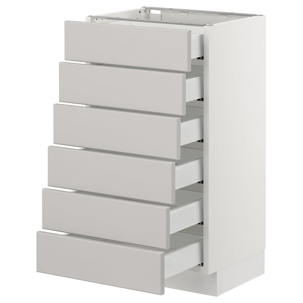 Displays a white SEKTION kitchen unit with multiple drawers, each featuring light grey handles. The unit is rectangular and has a modern design.