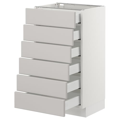 Displays a white SEKTION kitchen unit with multiple drawers, each featuring light grey handles. The unit is rectangular and has a modern design.