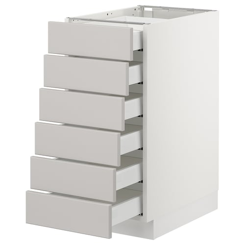 White SEKTION kitchen unit with six grey drawers, modern minimalist design.