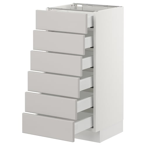 A white SEKTION kitchen cabinet with six grey lerhyttan drawers, featuring a classic design with bevelled edges.
