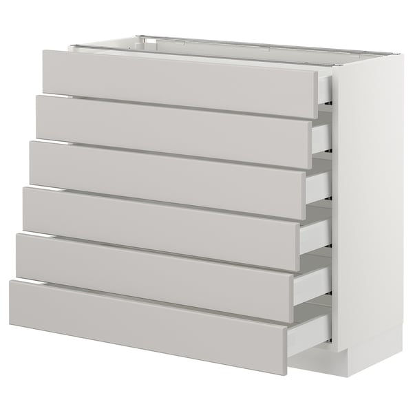 White SEKTION kitchen unit, six drawers. Modern, light grey lerhyttan fronts, bevelled edges.