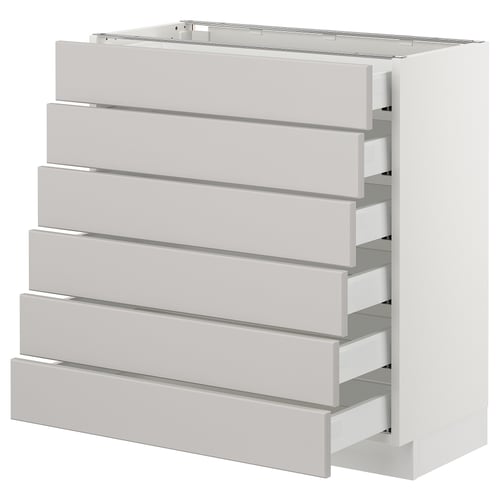 A white SEKTION kitchen storage unit with six drawers in a modern, sleek design. It a sturdy frame and smooth-running drawers.