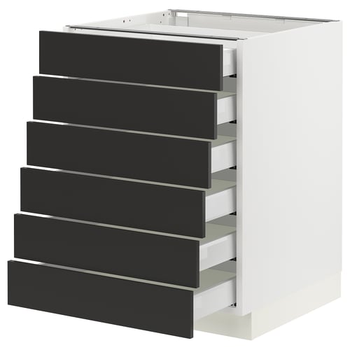 An ikea SEKTION kitchen unit with six black drawers in a white cabinet.