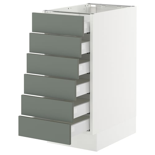 SEKTION kitchen unit, white with six matt grey-green drawers, modern design, full-extension.