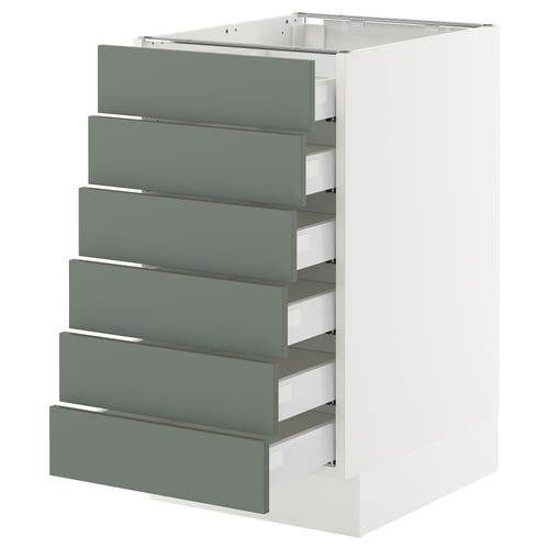 A SEKTION kitchen unit with six nickebo grey-green drawers in a matt finish. It a white frame and square drawer pulls.