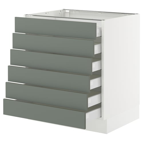 A grey-green SEKTION kitchen cabinet with six drawers. It has a modern, minimally designed look with matt drawer fronts.