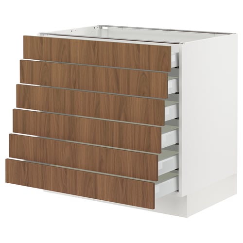 SEKTION kitchen cabinet in modern walnut finish, white base, six thin drawers, rectangular shape, sleek design.