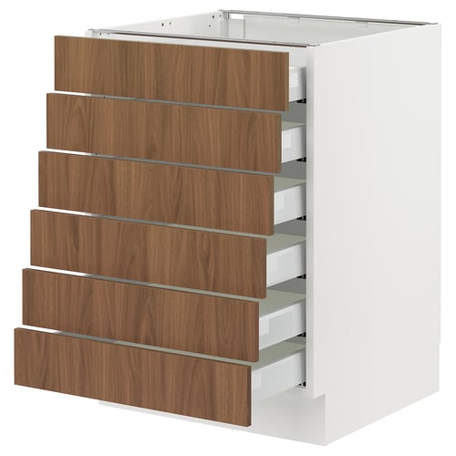 White SEKTION kitchen unit with walnut drawers.