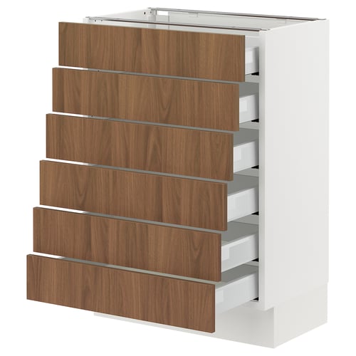 A white SEKTION cabinet with six wooden drawers in brown. Each drawer has a sleek, modern design.