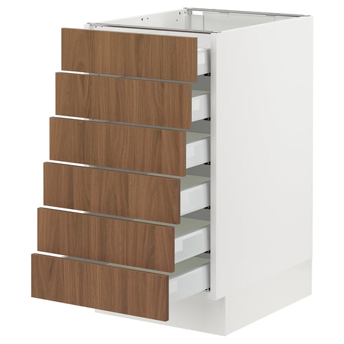 SEKTION kitchen unit: white base, six walnut drawers, modern design.