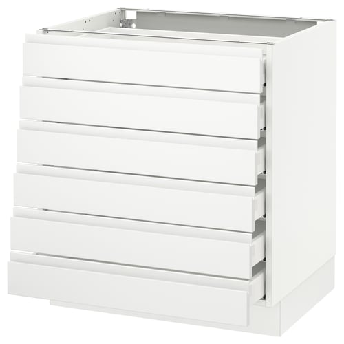 Displays a white SEKTION kitchen cabinet with six integrated handles and smooth-damping drawers.