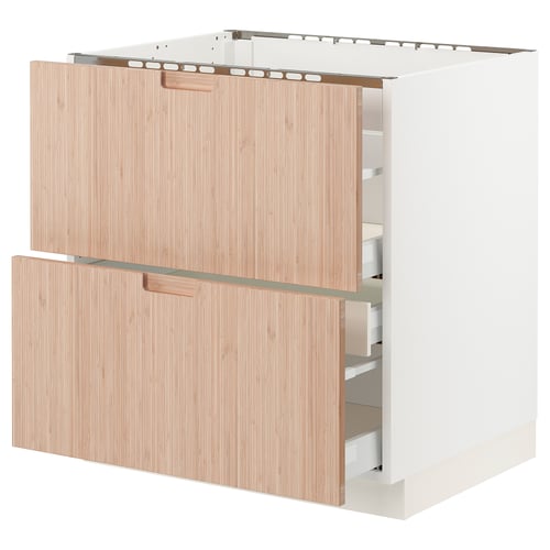 Modern kitchen cabinet with light bamboo finish, featuring two pull-out drawers with soft-close mechanisms, white frame structure, and sleek design.