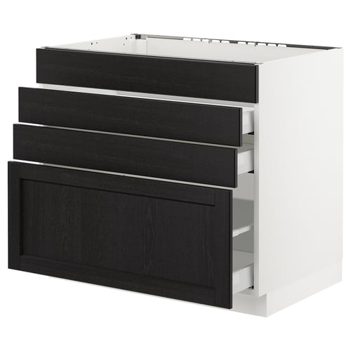 SEKTION kitchen cabinet, black stained wood, white sides, 3 pull-out drawers, modern design.