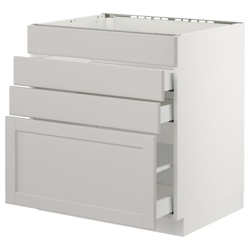 A white SEKTION kitchen cabinet with three drawers and one door, featuring a classic design with bevelled edges.