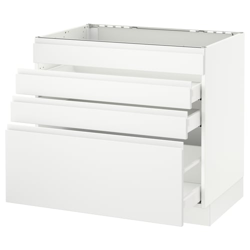 A white SEKTION kitchen cabinet with three drawers and a tempered glass top. The compact, rectangular design is sleek and modern.