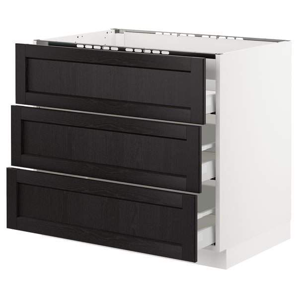 Ikea SEKTION kitchen unit, black-stained ash drawers, white frame, rectangular shape.