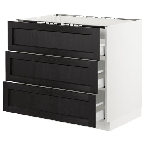 Ikea SEKTION kitchen unit, black-stained ash drawers, white frame, rectangular shape.