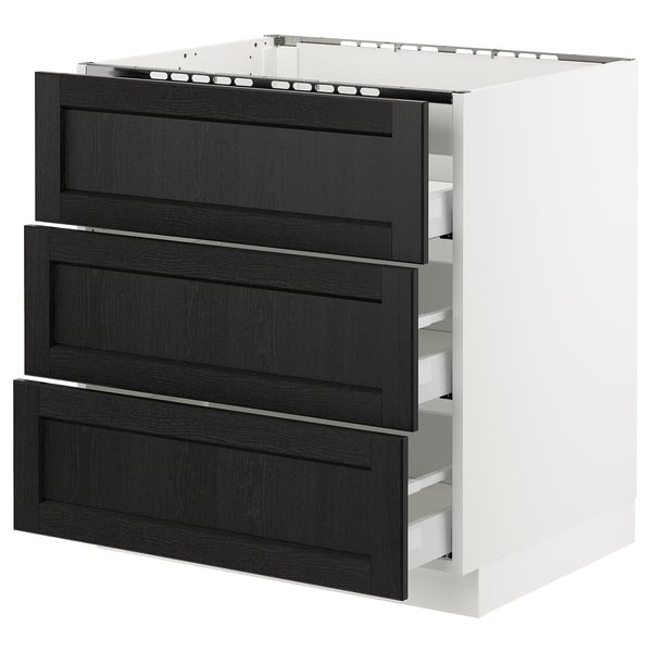 SEKTION white kitchen cabinet with 3 black drawers.