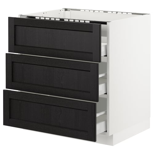 SEKTION white kitchen cabinet with 3 black drawers.