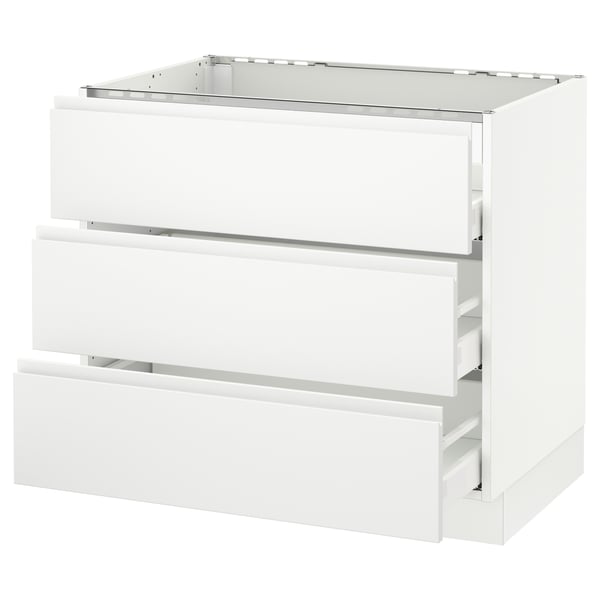 SEKTION kitchen base unit in white with three drawers and metallic handles.