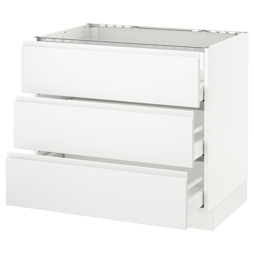 SEKTION kitchen base unit in white with three drawers and metallic handles.